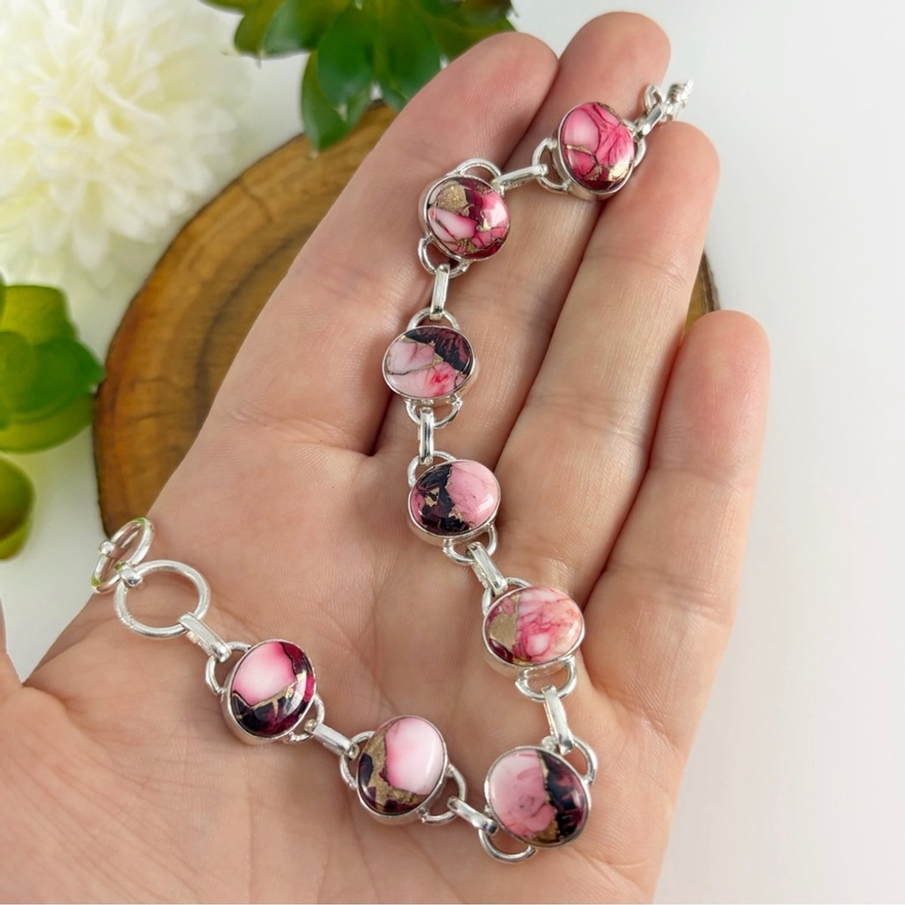Southwest Genuine Red Rose Dahlia Turquoise Gemstone Bracelet Red Pink New 925 - Picture 2 of 6
